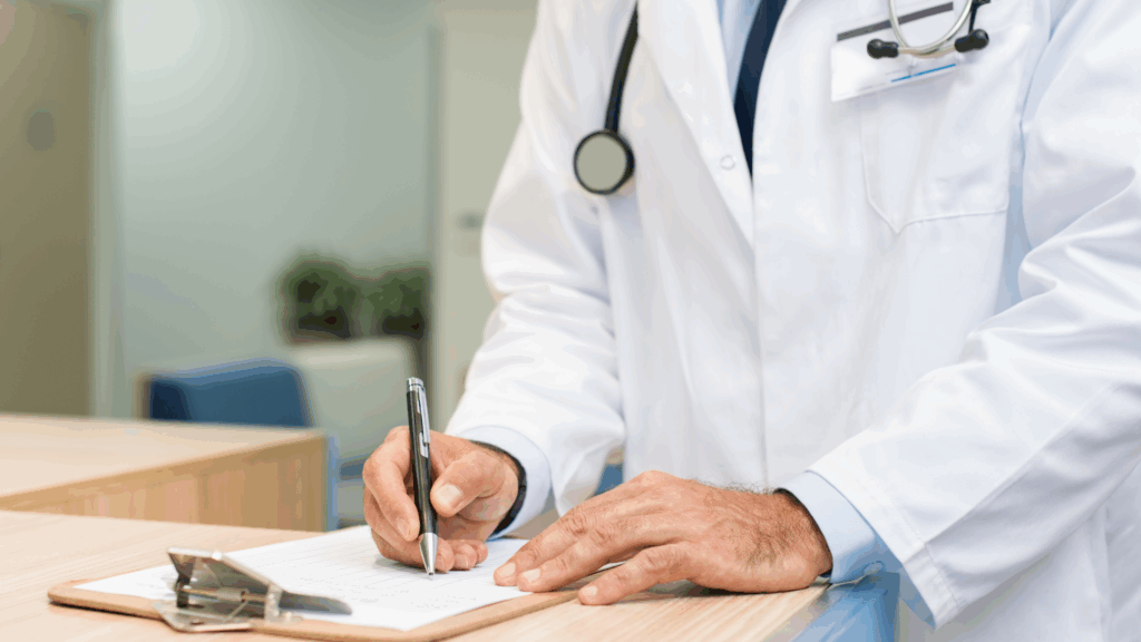 Médico do trabalho, de jaleco branco e estetoscópio, preenchendo a ficha de um exame ocupacional no consultório